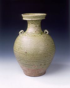 Yue stoneware vase with twin loops on shoulders, Western Jin dynasty, China, 3rd-4th century. Creator: Unknown