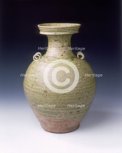 Yue stoneware vase with twin loops on shoulders, Western Jin dynasty, China, 3rd-4th century.  Creator: Unknown.