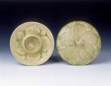 Yue stoneware covered dish with lotus pattern, Southern Dynasties period, China, 6th century. Creator: Unknown