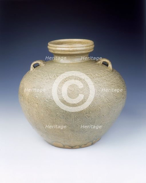 Yue stoneware jar with impressed design, Eastern Han dynasty, China, 2nd-3rd century. Creator: Unknown.