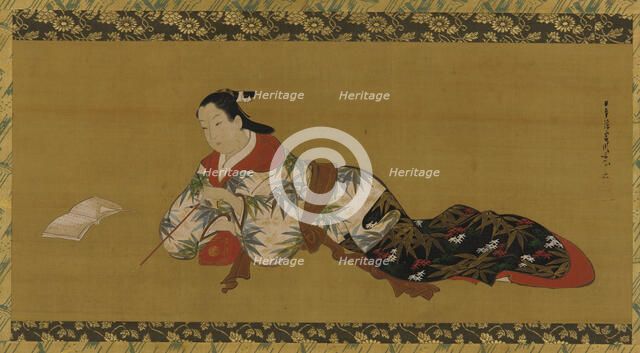 Yujo reclining and reading a musical score, Edo period, 1615-1868. Creator: Unknown.