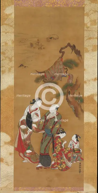 Yukihira and Two Brinemaidens at Suma, 18th century. Creator: Okumura Masanobu.