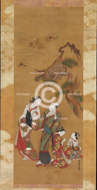 Yukihira and Two Brinemaidens at Suma, 18th century. Creator: Okumura Masanobu.