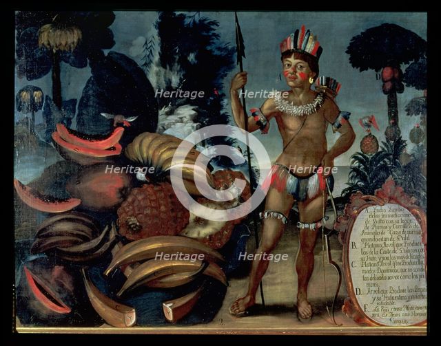 Yumbo Indian from the vicinity of Quito with various fruits and trees, oil from the 18th century.