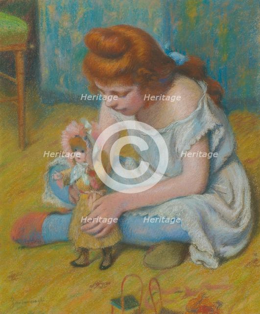 Yung girl playing with a doll.