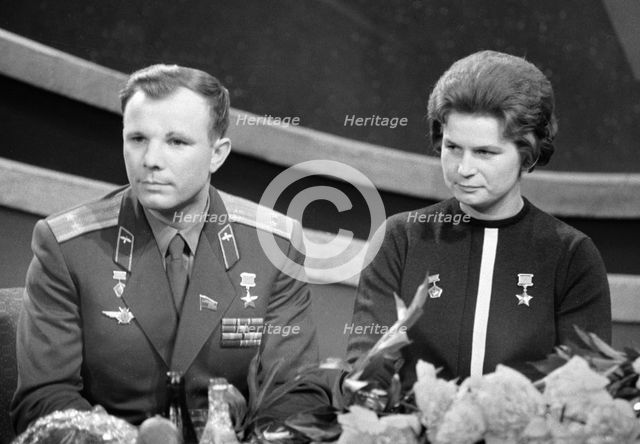 Yuri Gagarin and Valentina Tereshkova, Russian cosmonauts, 1963. Artist: Anon
