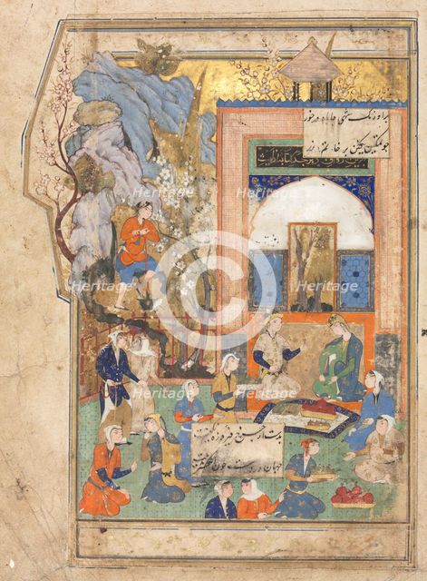Yusuf and Zulaykha (recto); Illustration and Text (Persian Verses) in an Anthology..., c. 1556-65. Creator: Unknown.