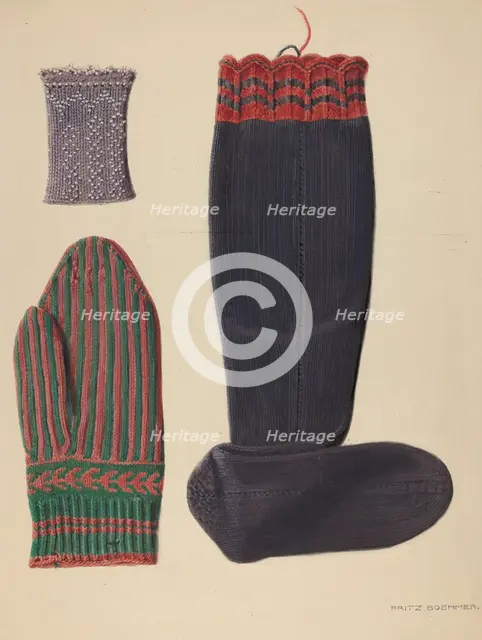 Zoar Beaded Wristlet, Mitten and Sock, c. 1938. Creator: Fritz Boehmer.