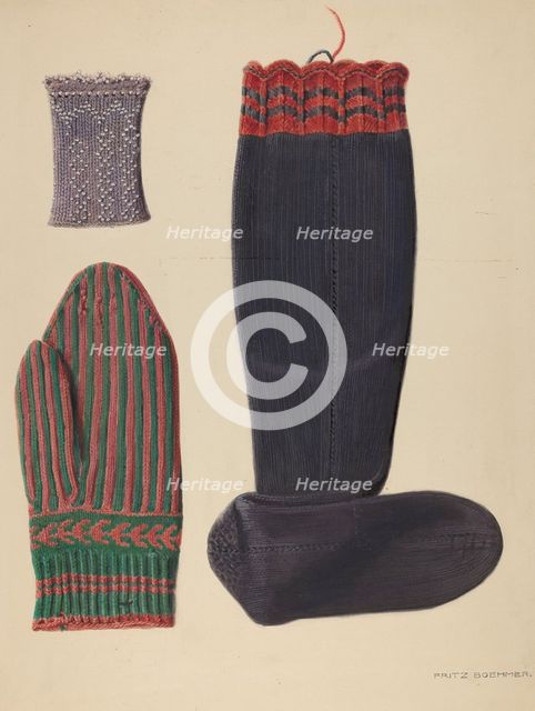Zoar Beaded Wristlet, Mitten and Sock, c. 1938. Creator: Fritz Boehmer.