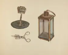 Zoar Candlestick, Snuffer and Lantern, c. 1938. Creator: Orville Cline