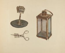 Zoar Candlestick, Snuffer and Lantern, c. 1938. Creator: Orville Cline