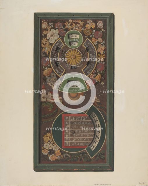 Zoar Calendar, c. 1937. Creator: Fritz Boehmer.
