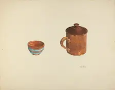Zoar Dish and Coffee and Cider Cup w/ Lid, c. 1938. Creator: Angelo Bulone