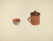 Zoar Dish and Coffee and Cider Cup w/ Lid, c. 1938. Creator: Angelo Bulone
