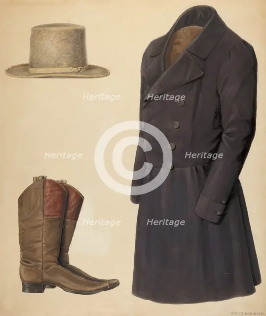 Zoar Man's Hat, Boots and Coat, c. 1937. Creator: Fritz Boehmer.