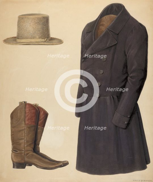 Zoar Man's Hat, Boots and Coat, c. 1937. Creator: Fritz Boehmer.