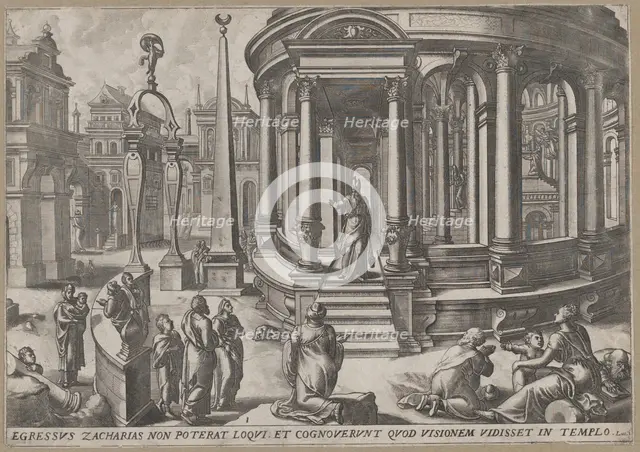 Zacharias Stepping out of the Temple, from the series Events in and around the Temple,..., ca. 1572. Creators: Johannes van Doetecum I, Lucas van Doetecum.
