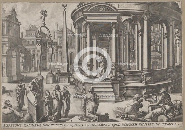 Zacharias Stepping out of the Temple, from the series Events in and around the Temple,..., ca. 1572. Creators: Johannes van Doetecum I, Lucas van Doetecum.