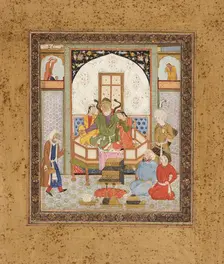 Zahhak Enthroned with the Two Daughters of Jamshid, Page from a Manuscript of the Shahnama..., c1615 Creator: Unknown