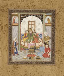 Zahhak Enthroned with the Two Daughters of Jamshid, Page from a Manuscript of the Shahnama..., c1615 Creator: Unknown