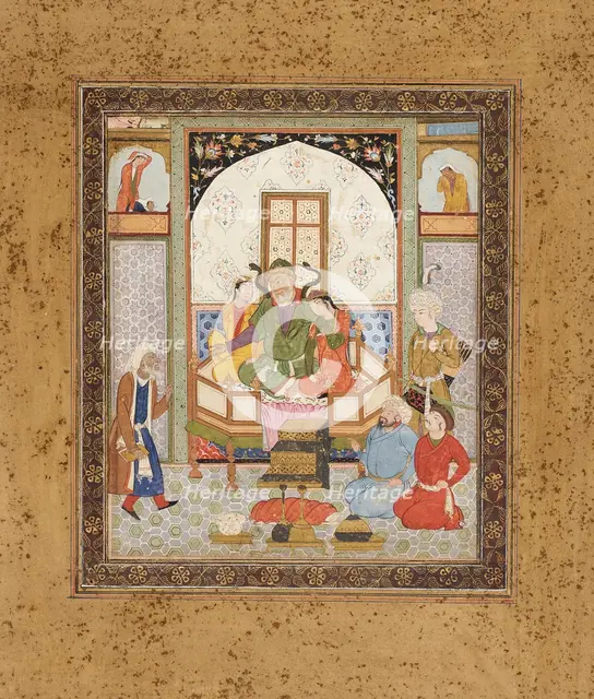 Zahhak Enthroned with the Two Daughters of Jamshid, Page from a Manuscript of the Shahnama..., c1615 Creator: Unknown.