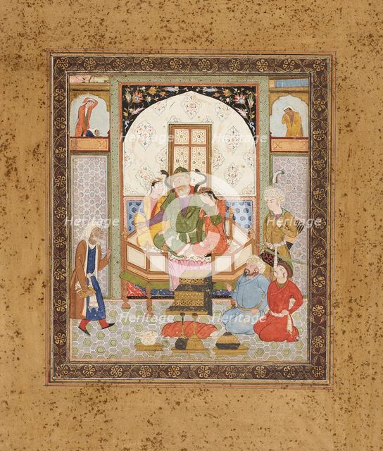 Zahhak Enthroned with the Two Daughters of Jamshid, Page from a Manuscript of the Shahnama..., c1615 Creator: Unknown.