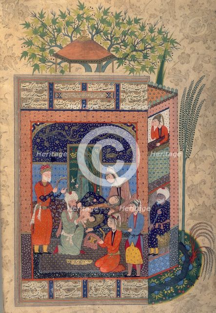 Zal holding the 'simurgh's' feather during the birth of Rustam, c1590-c1595. Creator: Unknown.