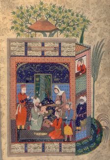 Zal holding the simurgh's feather during the birth of Rustam, c1590-c1595. Creator: Unknown