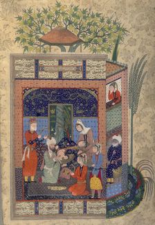 Zal holding the simurgh's feather during the birth of Rustam, c1590-c1595. Creator: Unknown
