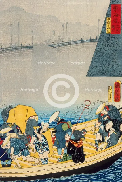 Zeze Castle: Returning Sails at Yabase (Zeze, Yabase no kihan), published in 1863. Creator: Toyohara Kunichika.