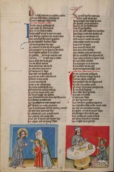 Zebedee's Wife with her Sons before Jesus: Dives and Lazarus; Weltchronik, about 1400-1410. Creator: Unknown