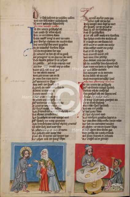 Zebedee's Wife with her Sons before Jesus: Dives and Lazarus; Weltchronik, about 1400-1410. Creator: Unknown.