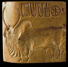 Zebu Bull Seal with Indus Script Found at Mohenjo Daro, Indus Valley , 3rd millenium BC. Creator: Indus Valley Civilisation