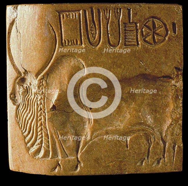 Zebu Bull Seal with Indus Script Found at Mohenjo Daro, Indus Valley , 3rd millenium BC. Creator: Indus Valley Civilisation.