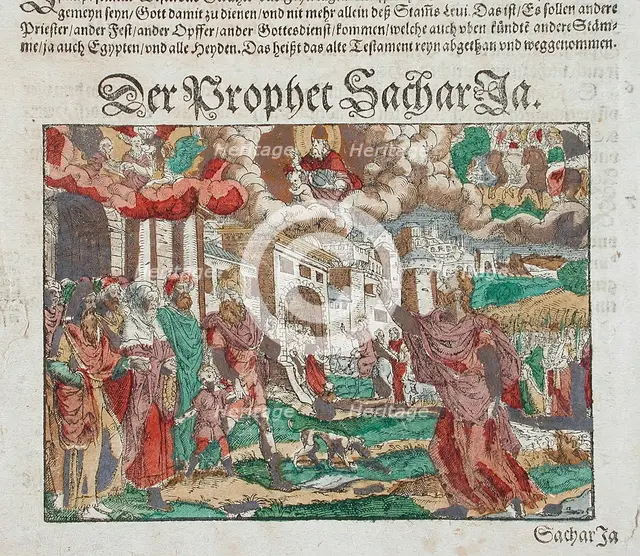 Zechariah's Vision: Christ's Entry into Jerusalem in the Background, 16th century. Creator: Jost Ammon.