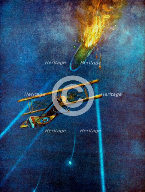 Zeppelin airship shot down at Cuffley, near Enfield, during bombing raid on London, 1916. Artist: Unknown