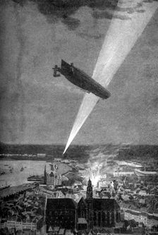 Zeppelin bombardment of Antwerp, First World War, 24 August 1914.Artist: RG Mathews