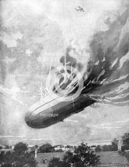 Zeppelin destroyed by an English aviator, 1915. Artist: Lemonier