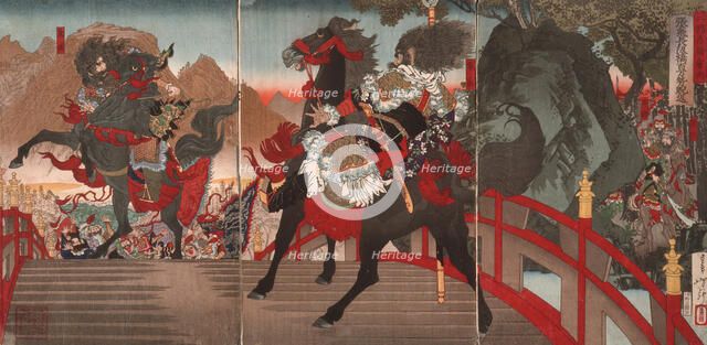 Zhang Fei on the Long Sloped Bridge Turning Away One Million Wei Troops with a Powerful Stare, c1883 Creator: Tsukioka Yoshitoshi.