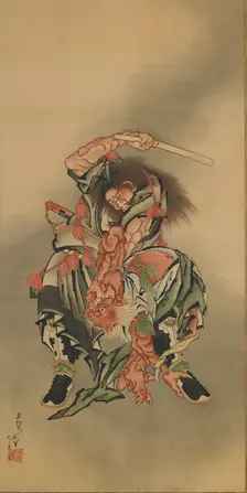 Zhong Kui (Shoki) killing a demon, Edo period, 1760-1868. Creator: Hokusai