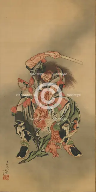 Zhong Kui (Shoki) killing a demon, Edo period, 1760-1868. Creator: Hokusai.