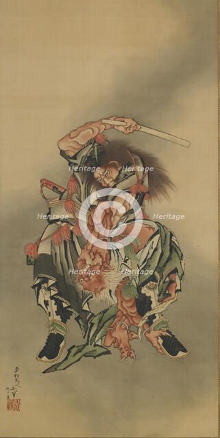 Zhong Kui (Shoki) killing a demon, Edo period, 1760-1868. Creator: Hokusai.