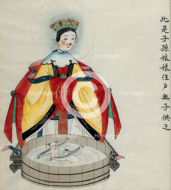Zi Sunliang, a Chinese goddess, with two babies (?) bathing in front of her, 1800-1899. Creator: Unknown.