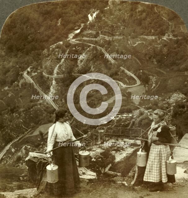 'Zigzags of the famous Grjotlid road - mountain milk-maids along the way near Marok, Norway', c1905. Creator: Unknown.