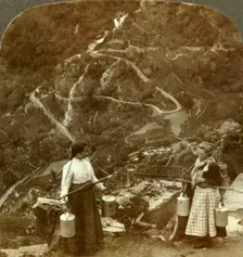 Zigzags of the famous Grjotlid road - mountain milk-maids along the way near Marok, Norway c1905. Creator: Unknown
