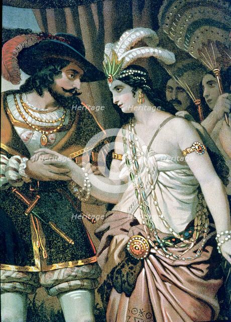 Zingari, head of an indigenous population, offers Hernán Cortés her sister Aida, detail of a lith…