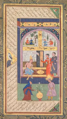 Zulaykha in her palace and as an old woman with Joseph, from a Panj Ganj (Five Treasures)..., 1603-1 Creator: Mushfiq (Indian); others (Indian), and