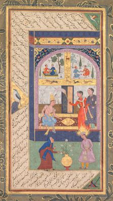 Zulaykha in her palace and as an old woman with Joseph, from a Panj Ganj (Five Treasures)..., 1603-1 Creator: Mushfiq (Indian); others (Indian), and