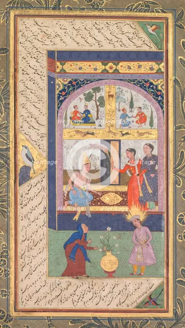 Zulaykha in her palace and as an old woman with Joseph, from a Panj Ganj (Five Treasures)..., 1603-1 Creator: Mushfiq (Indian); others (Indian), and.