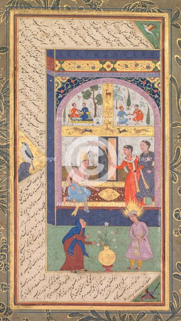 Zulaykha in her palace and as an old woman with Joseph, from a Panj Ganj (Five Treasures)..., 1603-1 Creator: Mushfiq (Indian); others (Indian), and.